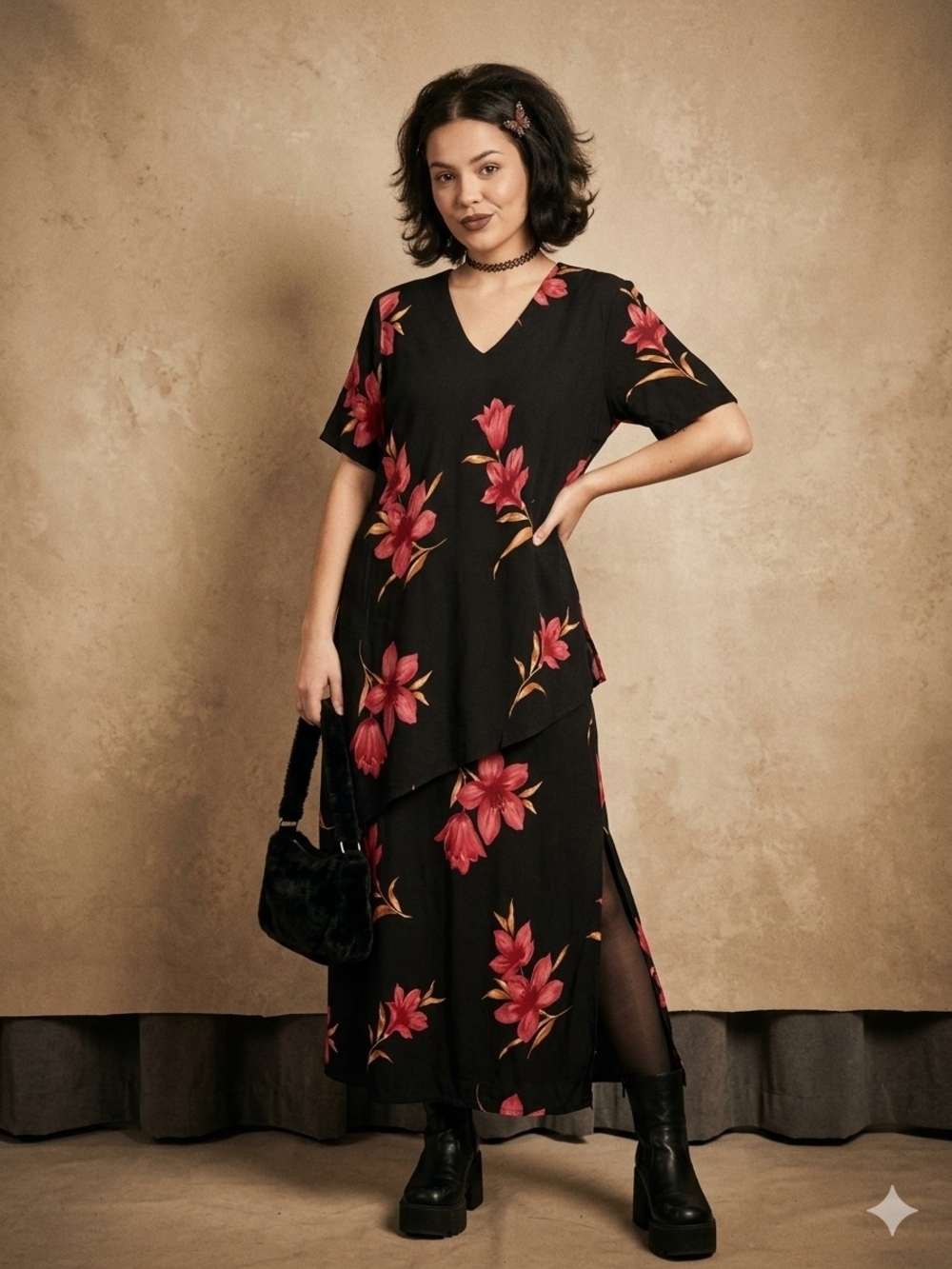 Vintage 90s V-Neck Black Midi Dress Coquette Floral Cottagecore Soft Grunge L